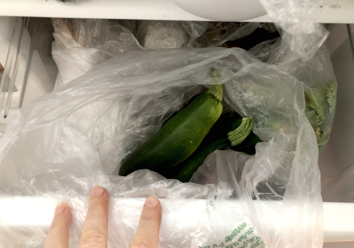 I like to keep my zucchini wrapped up in a plastic bag and a drawer of a refrigerator. Photo by Pantry Stocking Garden